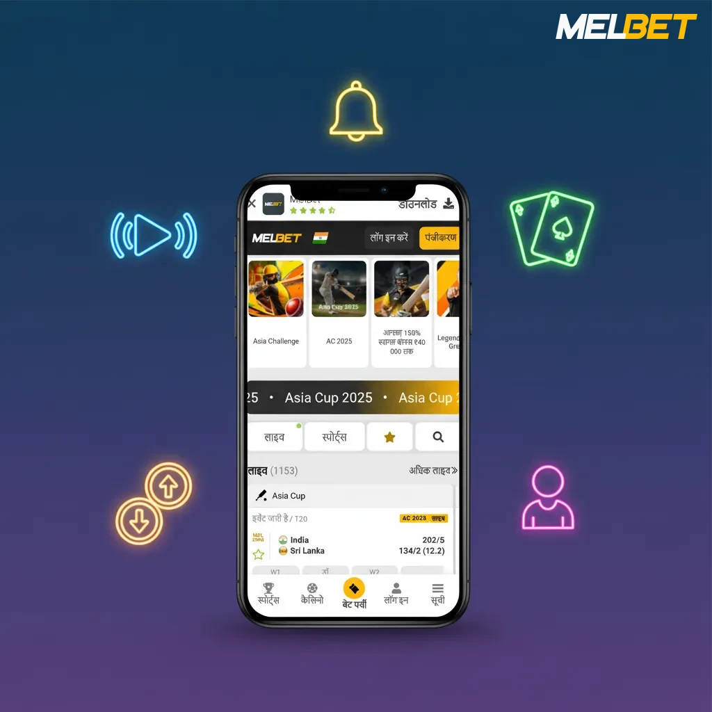 Melbet app on phone showing live betting, casino tiles, UPI deposits, fast cashout, alerts, and Hindi language support.