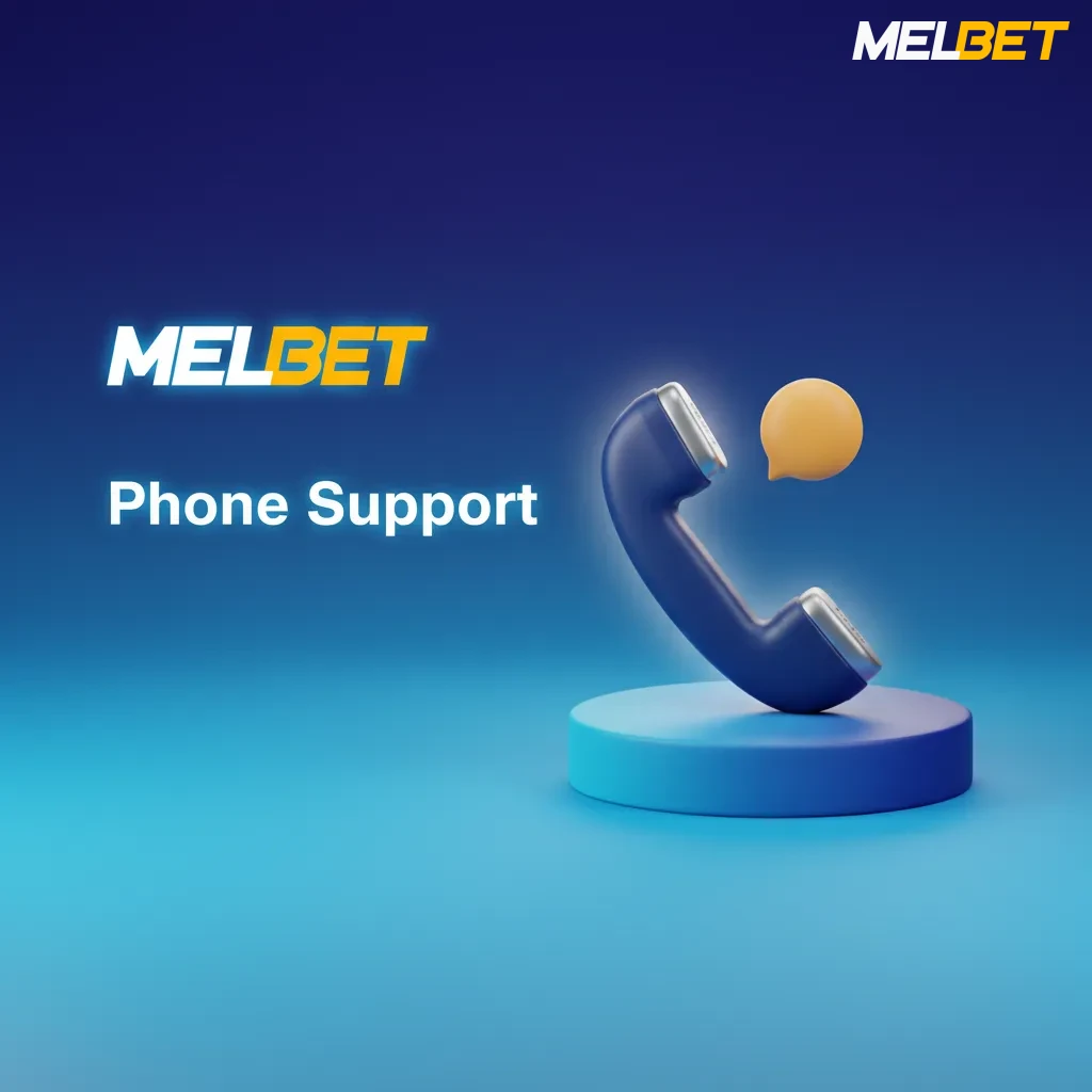 Smartphone screen showing Melbet Contact page with Call Support button and helpline number for urgent assistance.