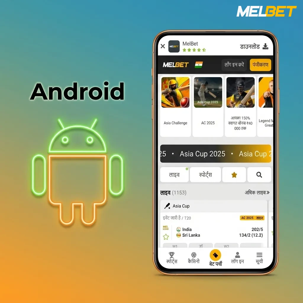 Smartphone screen showing Melbet India Android app interface with betting options and casino games visible