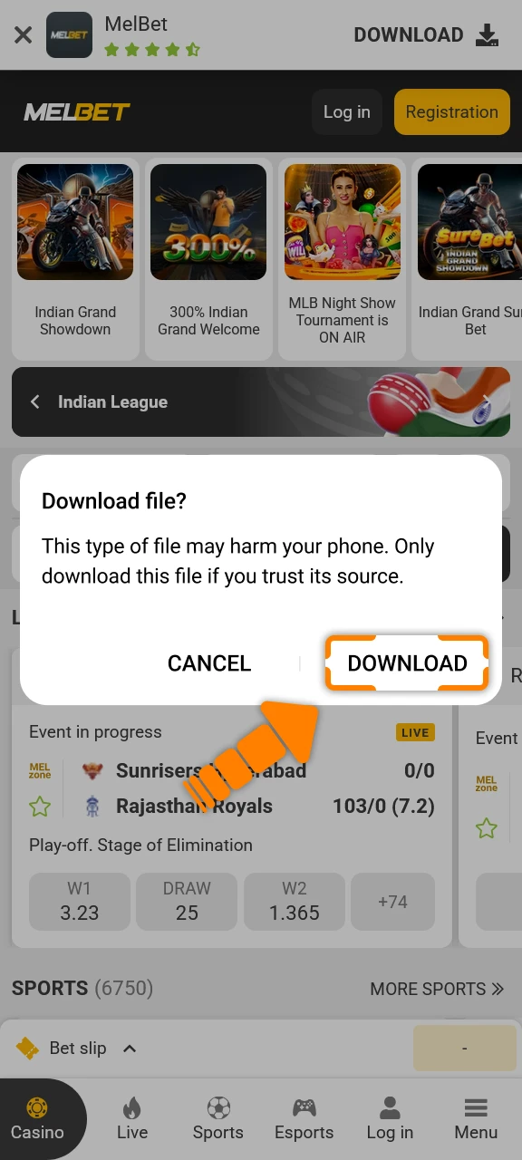 Accept the notification prompt to download the Melbet App on Android.