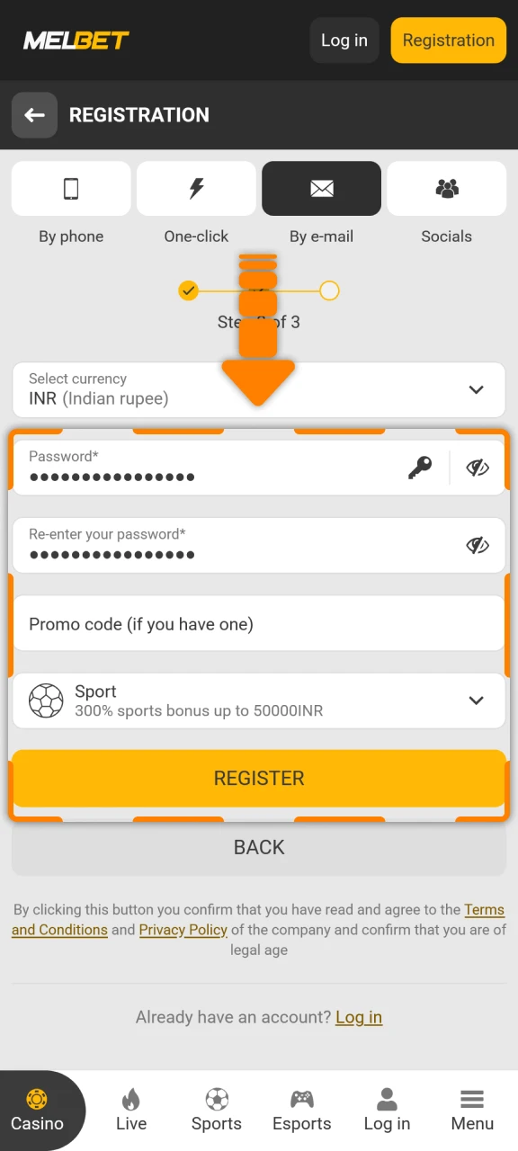 Create a strong password to secure your new Melbet app registration.