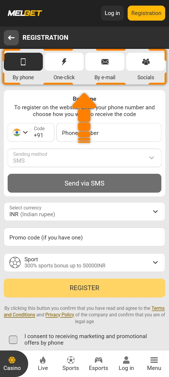 Select your preferred registration method in the Melbet app easily.