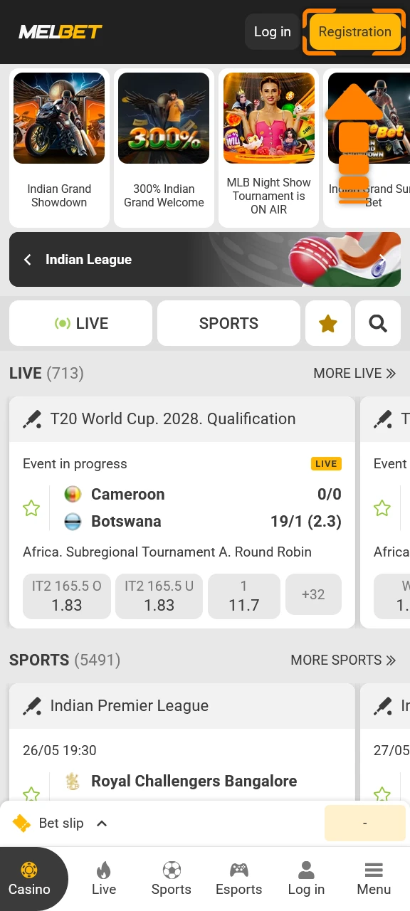 Tap the registration button inside the Melbet app home screen.