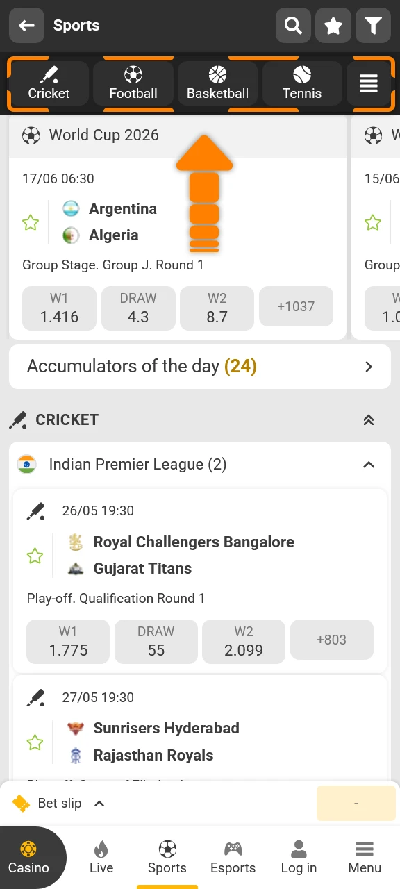 Select your favorite sport match in the Melbet app before betting.