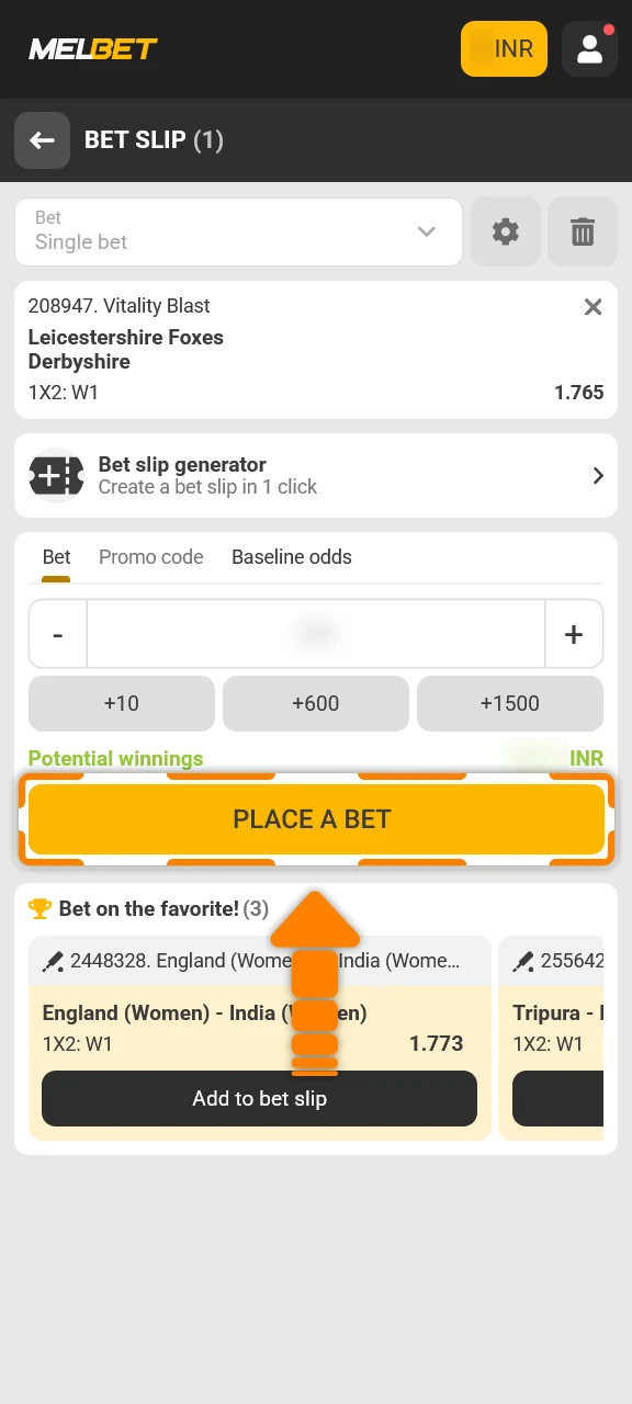Confirm your prediction to finalize the betting process in Melbet app.