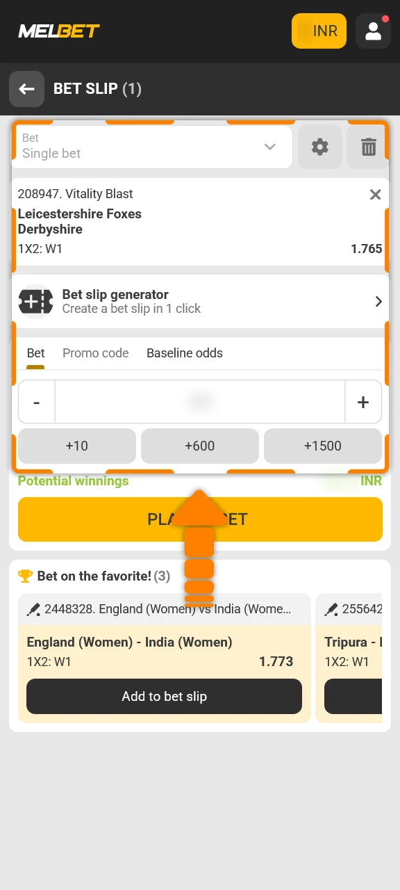 Set your stake amount and verify betting details in Melbet app.