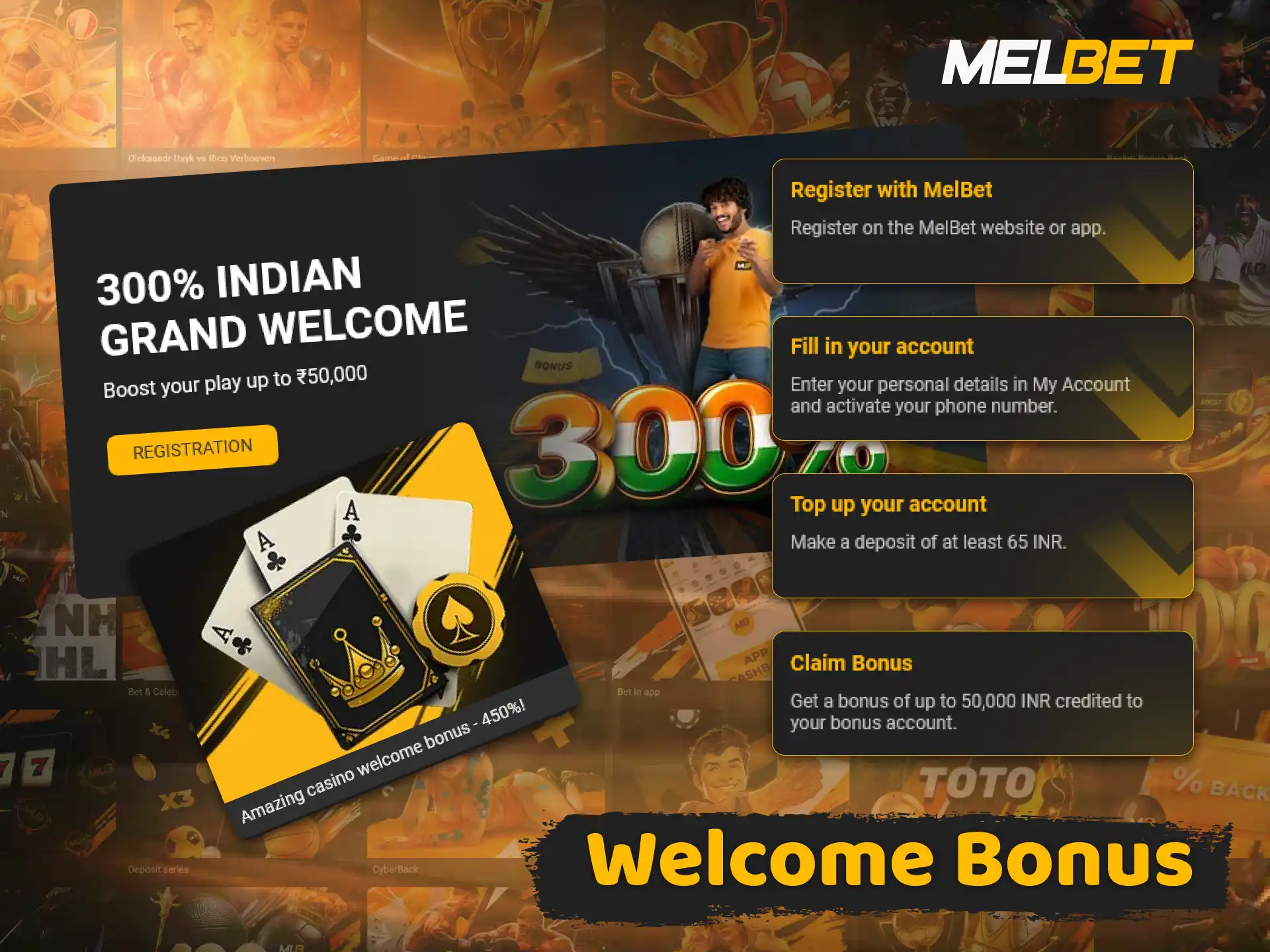 Claim a generous welcome bonus after registering in the Melbet app.